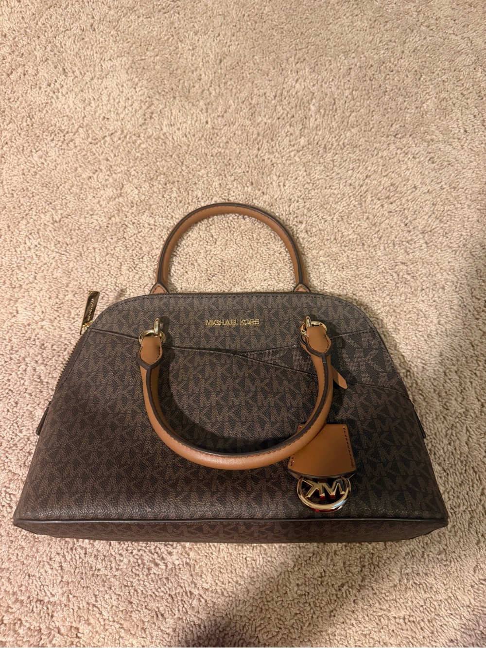 Michael Kors Brown Monogram Dome Satchel with Tan Trim